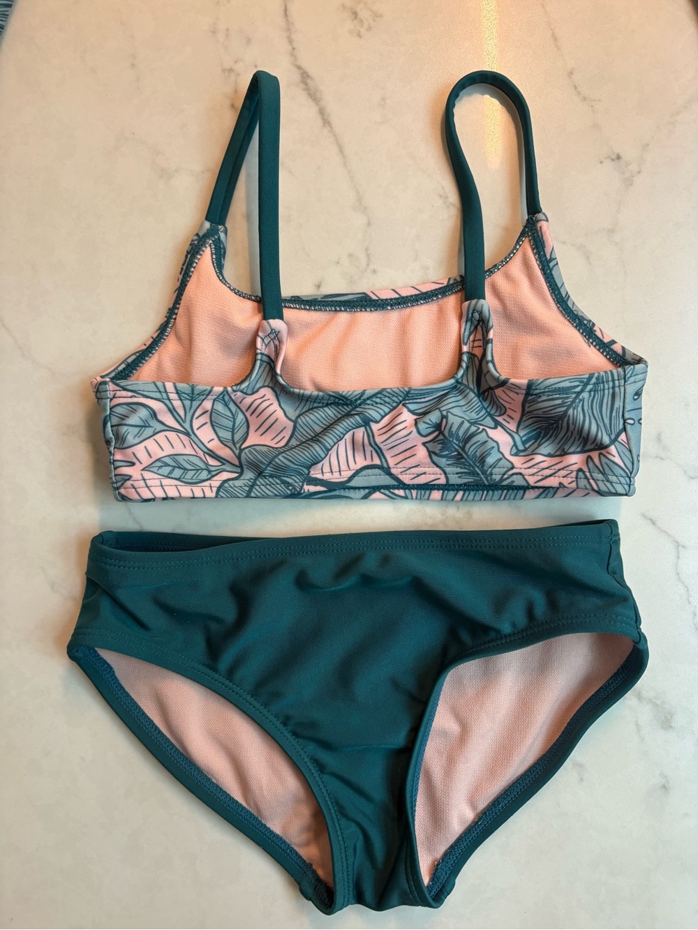 art class Teal & Pink Leaf Print Girls Swim Set with Rash Guard - Picture 3 of 5